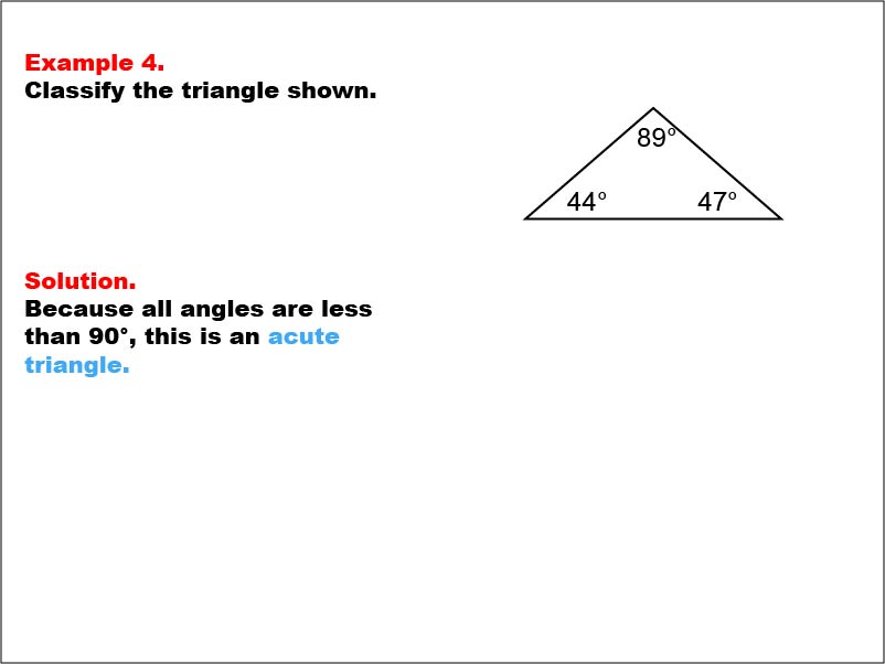 Triangle Classification: Example 4. An acute triangle with all angles shown as numerical values.