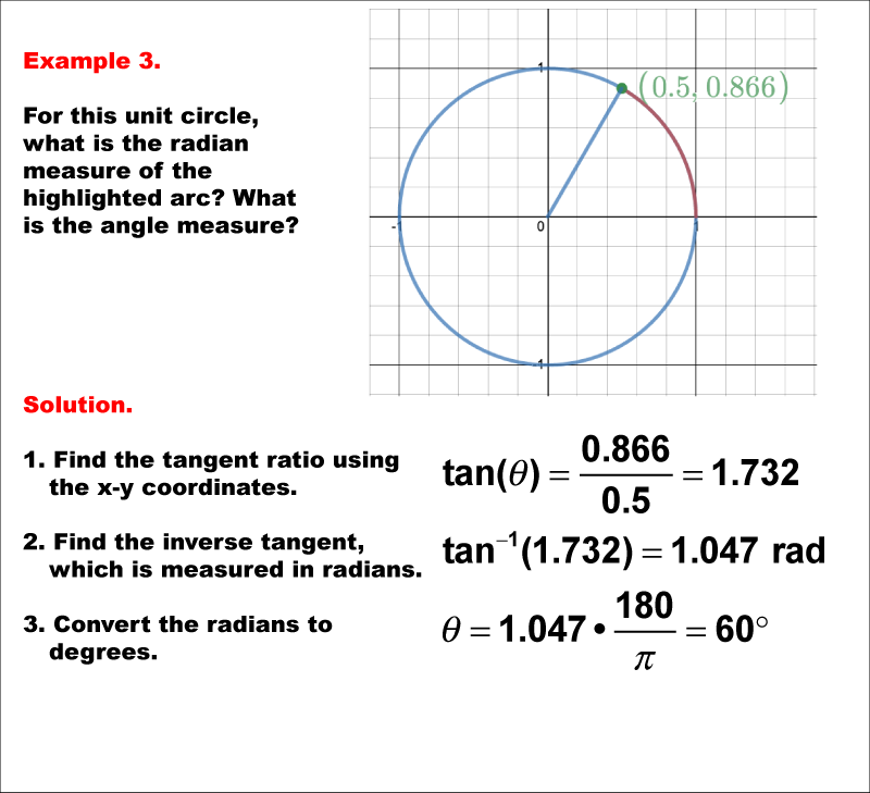 In this math example examine how trig ratios are used to measure radians on the unit circle and then convert radians to angle measures.