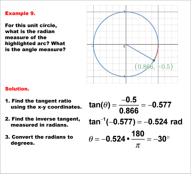 In this math example examine how trig ratios are used to measure radians on the unit circle and then convert radians to angle measures.