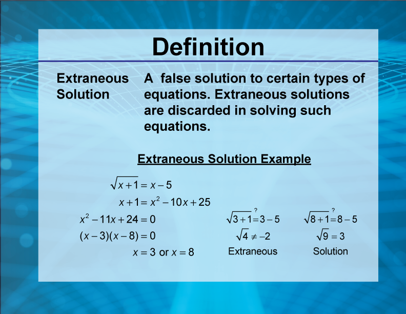 Video Definition 7--Rationals and Radicals--Extraneous Solution