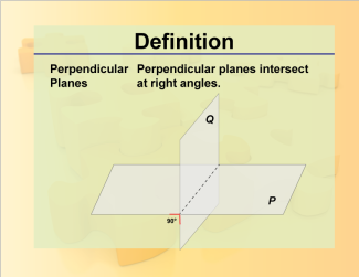 Perpendicular Planes. Perpendicular planes intersect at right angles.