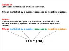 Math Example: Language of Math--Variable Expressions--Multiplication and Addition--Example 13