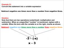 Math Example: Language of Math--Variable Expressions--Multiplication and Subtraction--Example 31